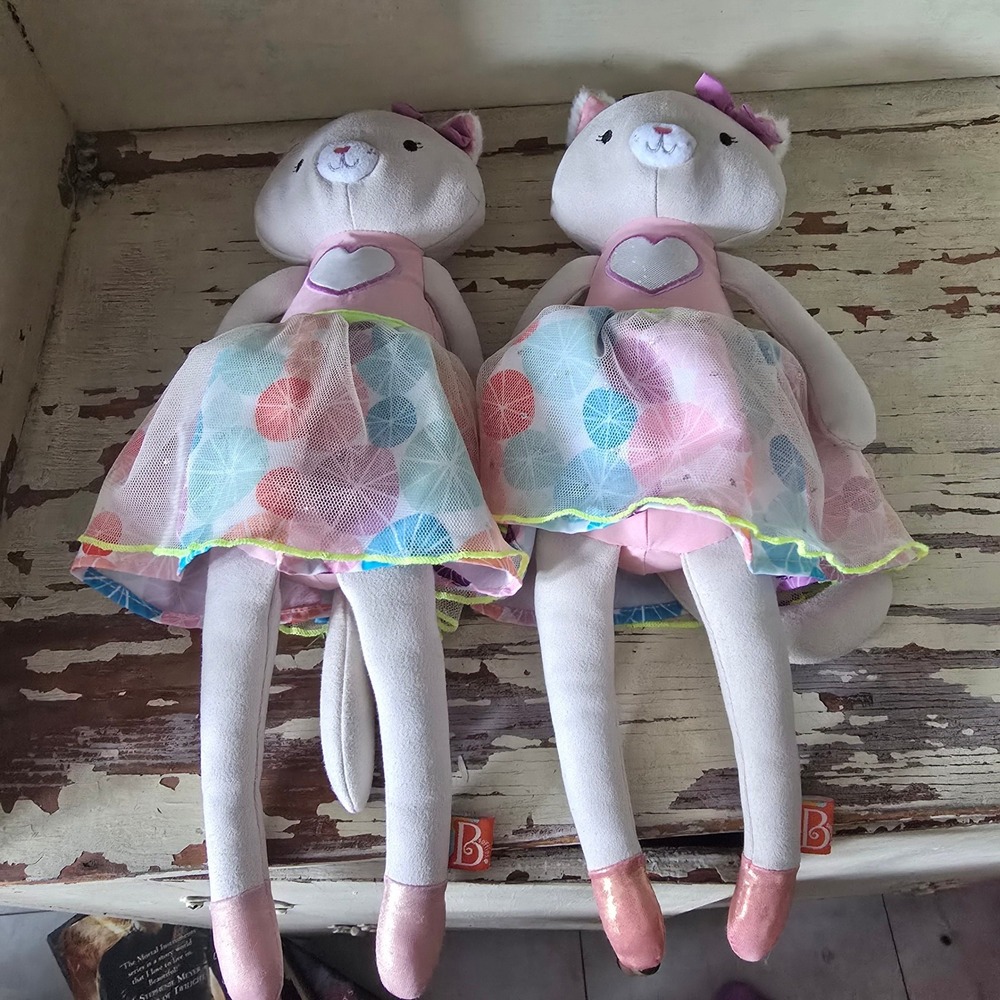B. Softies Ballerina Cat Plush Dolls Lot of 2 Grey Kitten Pink Tutu Heart Heart